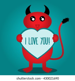 Funny red monster holds in his hands a heart. Text I love you! Vector illustration.