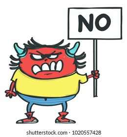 Funny red monster with horns holding placard with No inscription, isolated vector cartoon