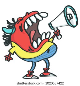 Funny red monster with horns shouting angry in megaphone, isolated vector cartoon