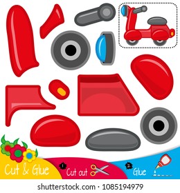 Funny red moped. Motorbike. Scooter. Education paper game for preshool children. Vector illustration.