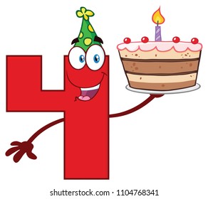 Funny Red Number Four Cartoon Mascot Character Holding Up A Birthday Cake. Vector Illustration Isolated On White Background