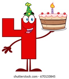 Funny Red Number Four Cartoon Mascot Character Holding Up A Birthday Cake. Vector Illustration Isolated On White Background