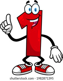 Funny Red Number One 1 Cartoon Character Showing Hand Number One. Vector Hand Drawn Illustration Isolated On Transparent Background