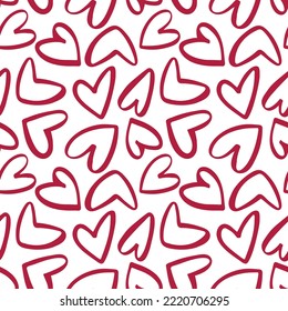 Funny red outline hearts drawn with a marker. Isolated on white. 
Artwork for fabric, print or wrapping paper. Valentines Day or birthday background. Seamless vector pattern