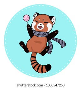 Funny red panda in a grey striped scarf with Lollipop. Vector illustration.