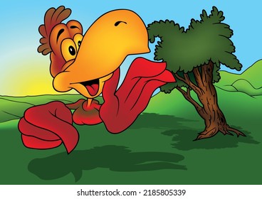 Loro rojo gracioso con habla sobre el gran pico - Ilustración de dibujos en color con fondo, vector