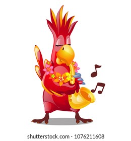 Funny red parrot playing a wind musical instrument isolated on a white background. Vector cartoon close-up illustration.