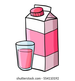 Funny red pink strawberry milk with glass ready for breakfast - vector.