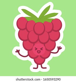 Gracioso pegatina roja de frambuesa con la cara linda de Kawaii. Persona feliz con los ojos cerrados. puede ser utilizado para aprender a los niños con los nombres de los alimentos o como un elemento en el diseño de un estilo de vida saludable. Ilustración divertida