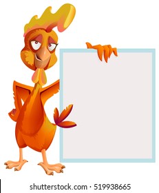 Funny red rooster holding white sheet. Cock symbol 2017. Isolated vector cartoon illustration