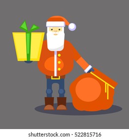 Funny red santa claus with bag and gift. Present for you. Vector. Christmas greeting card or poster