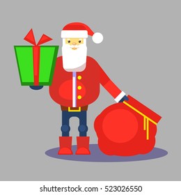 Funny red santa claus with bag and gift. Present for you. Vector. Christmas greeting card or poster