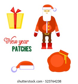 Funny red santa claus, gift, bag vector illustration. Christmas cartoon sticker design. Decorative stickers for your greeting, posters,postcards, invitations, patches and prints, emblems