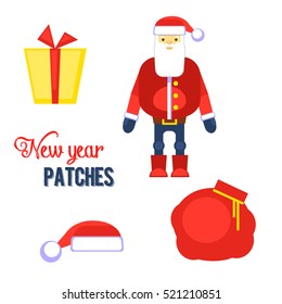 Funny red santa claus, hat, gift, bag vector illustration. Christmas cartoon sticker design. Decorative stickers for your greeting, posters,postcards, invitations, patches and prints, emblems