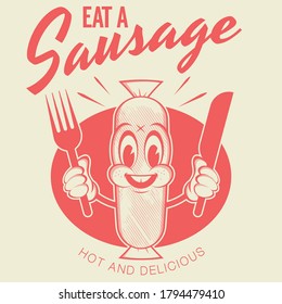 funny red sausage cartoon logo in retro style