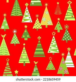 Funny red seamless wrapping paper for Christmas, New year and winter holiday celebration with green cut out firs. Flat design