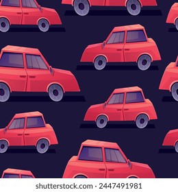 Funny red sedan car. Vector seamless cartoon children's pattern.