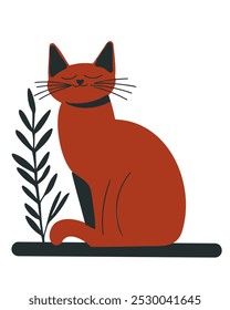 Funny red sleeping cat with a branch on a white background, children's cartoon vector illustration