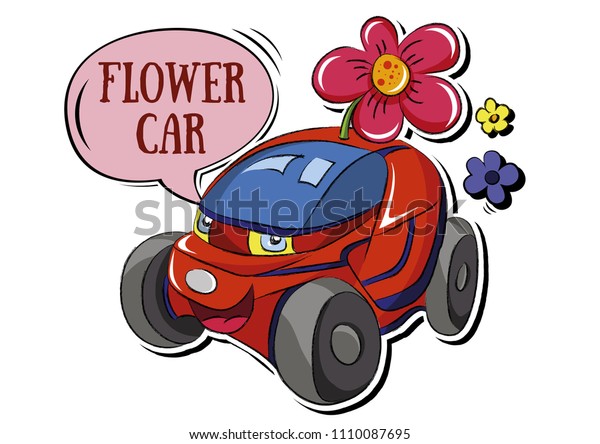 Funny red smiling car with flowers.\
Cute car, car concept, cartoon car. Vector\
illustration