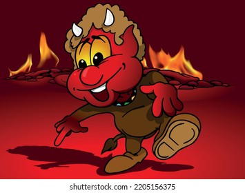 Funny Red Smiling Devil with Burning Eyes Pointing with his Finger - Colored Cartoon Illustration with Background, Vector