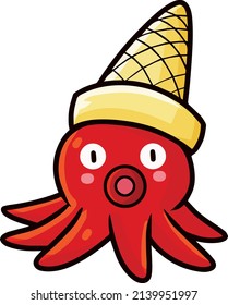 Funny red squid with ice cream cone on its head illustration