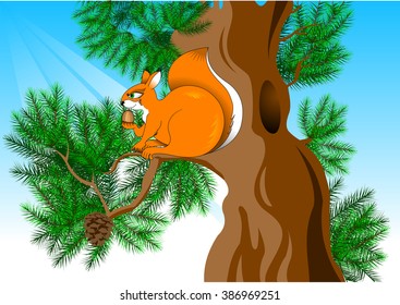 funny red squirrel found a large walnut, vector