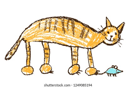 Funny red tabby cat catching mouse. Wax crayon like child`s hand drawn cute kitten. Pastel chalk or pencil kids line art stroke pet. Vector artistic doodle simple illustration.