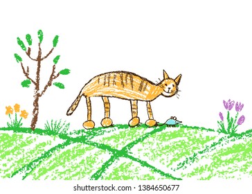 Funny red tabby cat catching mouse. Green grass meadow, tree and flower. Wax crayon like child`s hand drawn kitten. Pastel chalk or pencil kids line art stroke pet. Vector artistic doodle simple art.