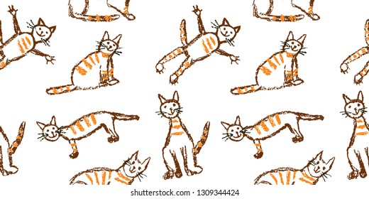 Funny red tabby cat seamless pattern. Wax crayon like child`s hand drawn cute kitten clip art set. Pastel chalk or pencil kids line art stroke sitting, flying cats. Vector artistic doodle simple pets