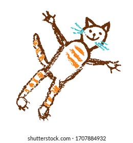 Funny red tabby flying cat. Wax crayon like child`s hand drawn cute kitten art. Pastel chalk or pencil line stroke. Kid`s scribble freehand cartoon. Vector artistic doodle simple pets.
