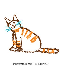 Funny Red Tabby Sitting Smiling Cat. Wax Crayon Like Child`s Hand Drawn Cute Kitten Art. Pastel Chalk Or Pencil Line Stroke. Kid`s Scribble Freehand Cartoon. Vector Artistic Doodle Simple Pet