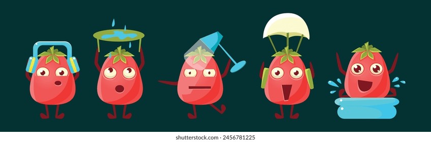 Funny Red Tomato Character Engaged in Different Activity Vector Set