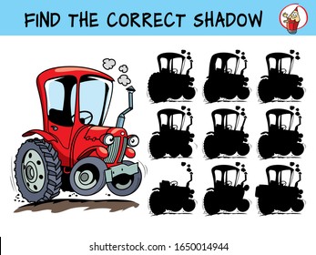 Un divertido tractor rojo. Encuentre la sombra correcta. Juego educativo para niños. Ilustración vectorial de dibujos animados