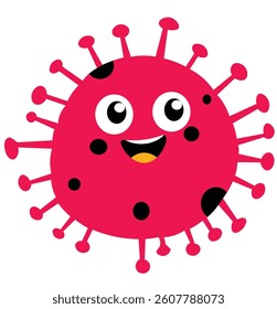 Funny red virus cartoon with black spots and cute eyes for kids design.