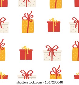 Funny red and white Gift box with bow on cute Christmass pattern