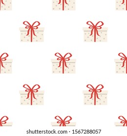 Funny red and white Gift box with bow on cute Christmass pattern