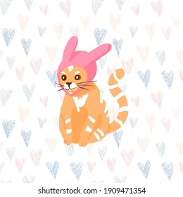 Funny red with white stripes cat in rabbit pink costume. Unique hand-drawn vector with the seamless pattern on the background.