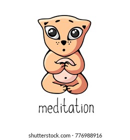 A funny red yoga kitten sits in a lotus pose with an inscription. Vector image isolated on white in cartoon style.