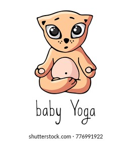 A funny red yoga kitten sits in a lotus pose with an inscription. Vector image isolated on white in cartoon style.