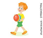 A funny red-haired boy with a big ball in his hands. In  cartoon style. Isolated on white background. Vector flat illustration