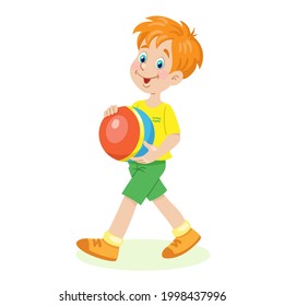 A funny red-haired boy with a big ball in his hands. In  cartoon style. Isolated on white background. Vector flat illustration