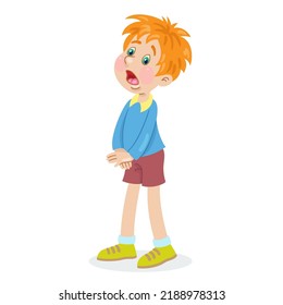 Funny red-haired boy sings. In cartoon style. Isolated on white background. Vector flat illustration.