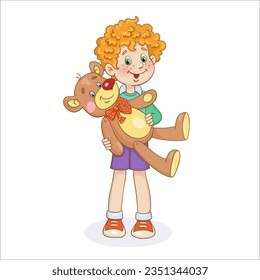Funny red-haired boy stands with a big teddy bear in his hands. In cartoon style. Isolated on white background. Vector illustration