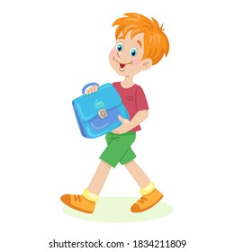 A funny red-haired boy walks with a school bag in his hand. In  cartoon style. Isolated on white background. Vector flat illustration