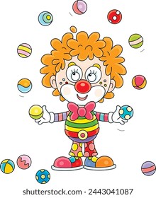 Funny red-haired circus clown in a colorful suit juggling with toy balls in a fun performance, vector cartoon illustration on a white background