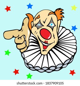 funny red-haired clown winks and points a finger at you