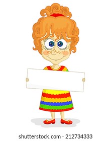 Funny red-haired girl is keeping in her hands greeting banner