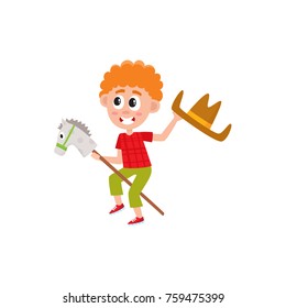 Funny red-haired little boy riding stick horse and waving cowboy hat, cartoon vector illustration on white background. Boy playing with stick horse and cowboy hat, summer camp, vacation activity
