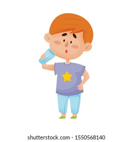 Funny Red-Haired Little Boy Standing With Glass of Water Vector Illustration