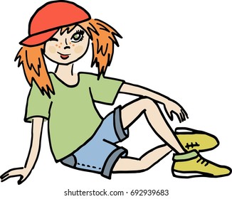 Funny red-haired little girl sitting. Vector illustration, isolated.